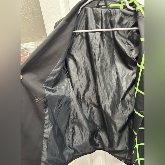 Womens Double Crazy Blazer Jacket Square Pattern Waist Fitted Black/Green Sz S - Picture 7 of 8